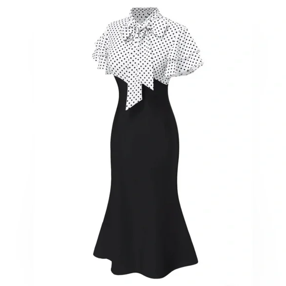 NWT! Retro Stage Black 1930’s Dots Tie Neck Mermaid Dress. Size M - Picture 2 of 12